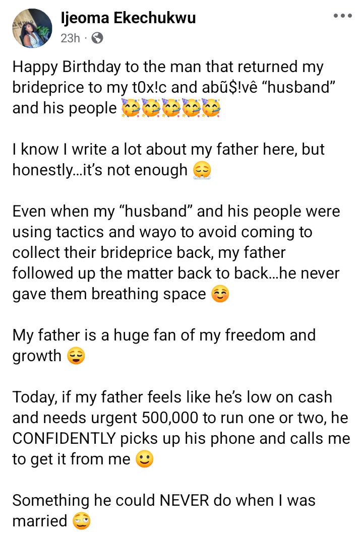 The man that returned my bride price to my toxic ex-husband - Lady who faked m?nstruation to avoid s3x with ex-husband celebrates her father