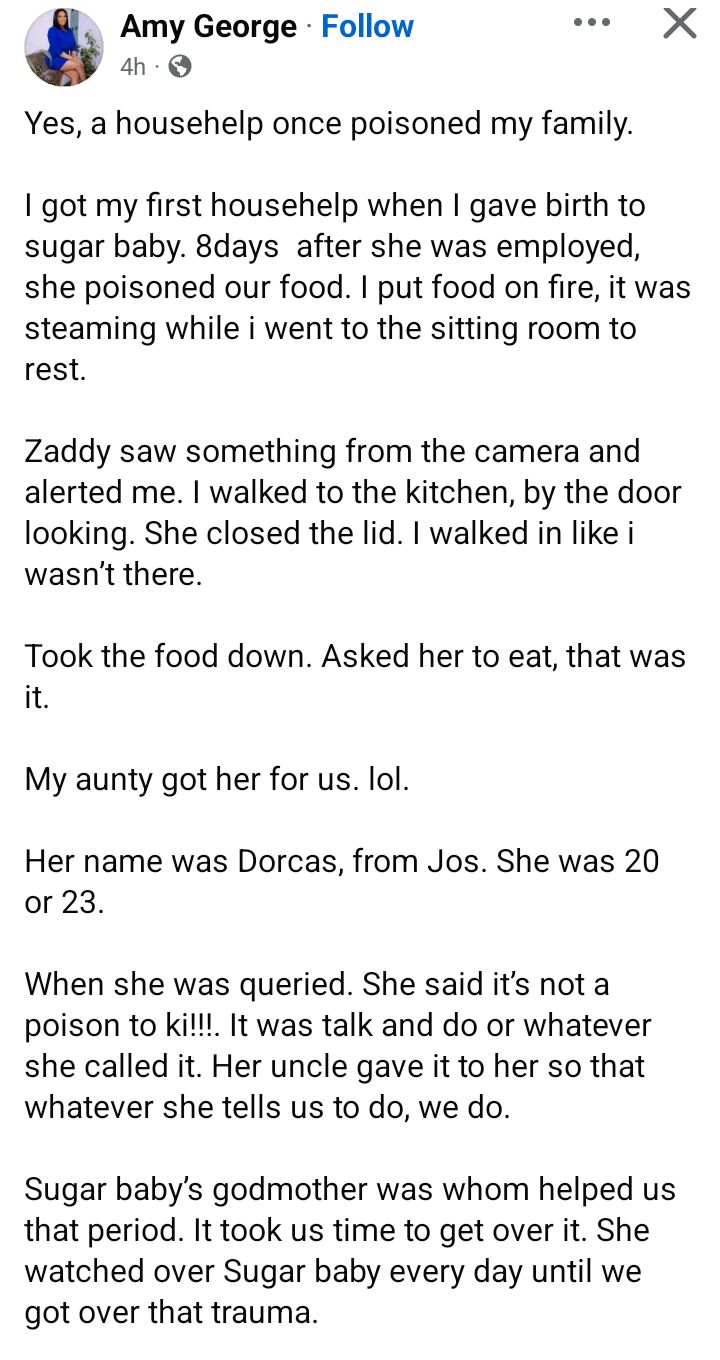 A house help poisoned our pot of food 8 days after resuming work - Nigerian woman narrates