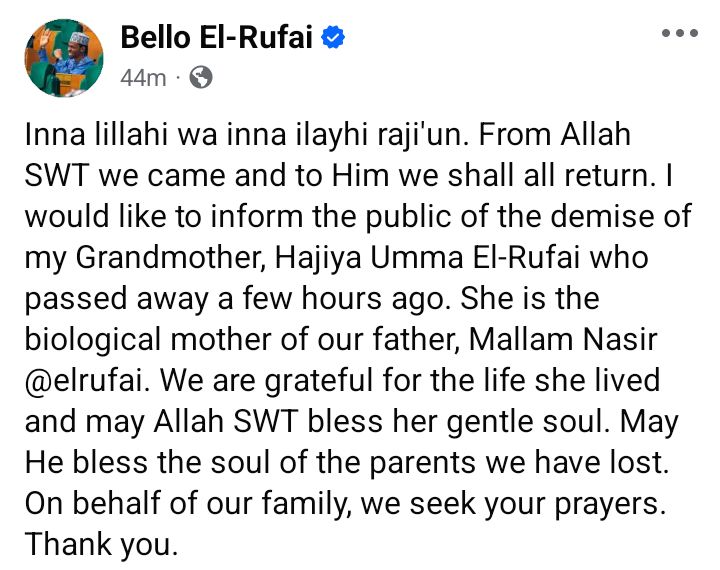 El-Rufai loses his mother