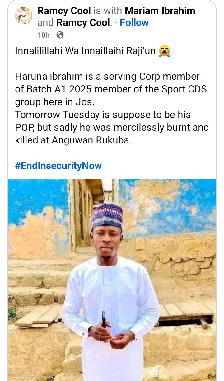 Newlywed Corps member k!lled in Jos reprisal attack a day to passing out parade