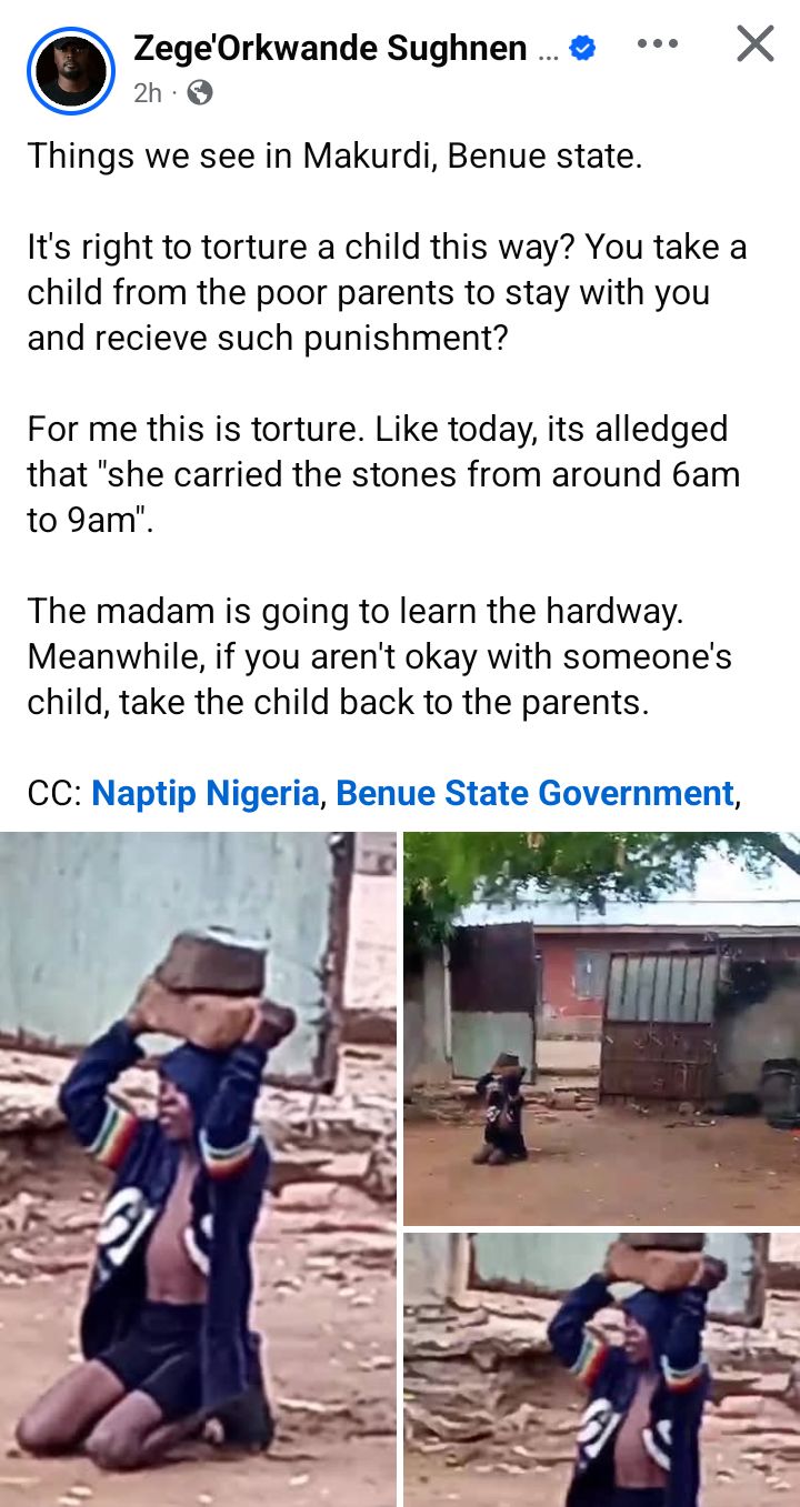 Outrage as woman forces young girl to hold two heavy stones above her head for 4 hours in Benue