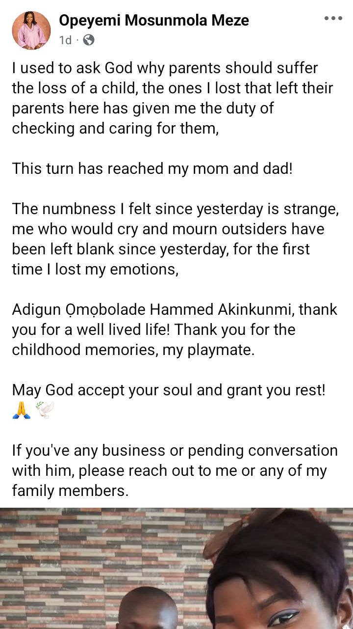 I am hoping that someone would knock on my door to say "I am carrying his child" - Grief-stricken Nigerian woman writes as she mourns her brother