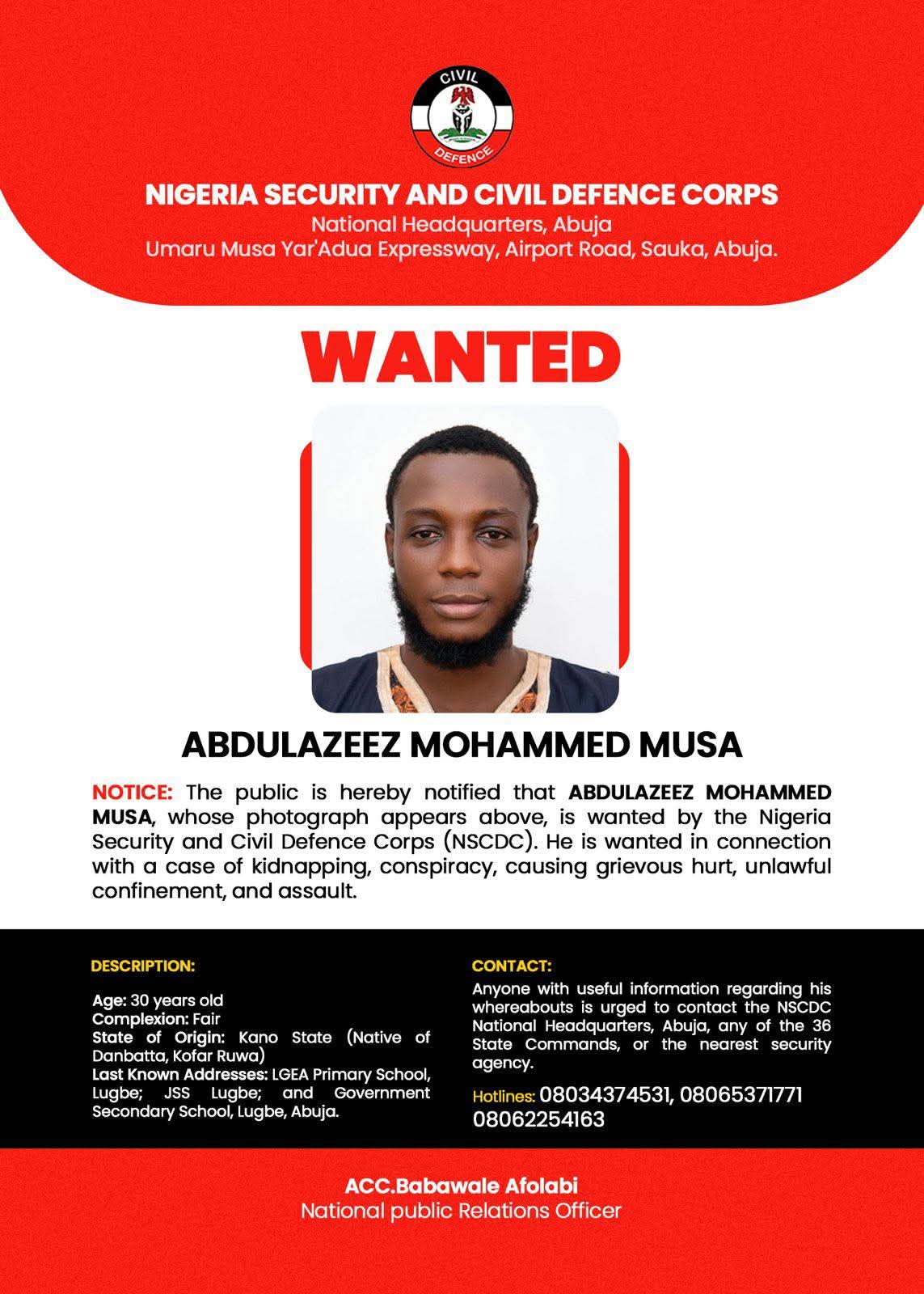 NSCDC declares man wanted over kidnapping, assault, conspiracy