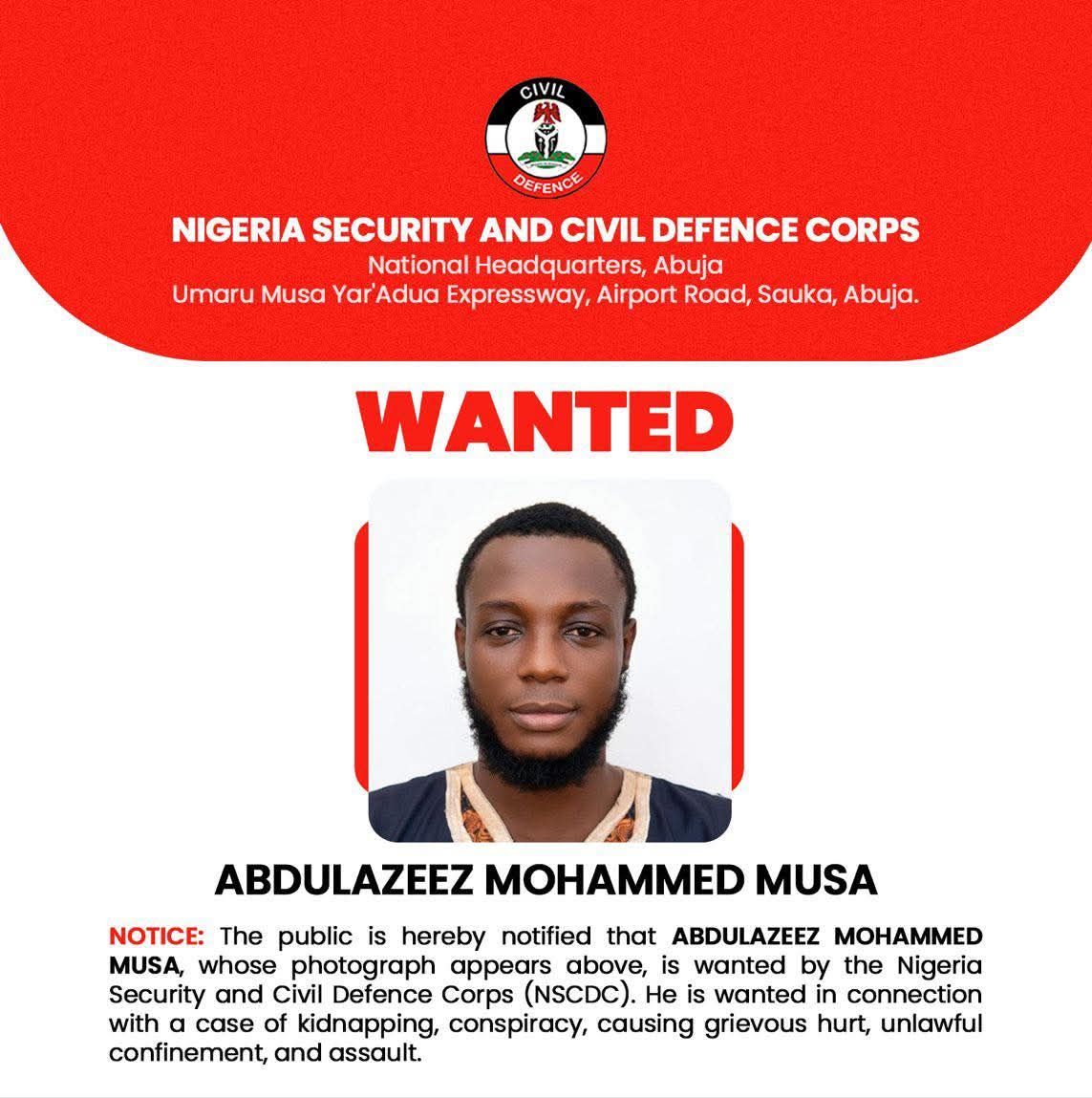 NSCDC declares man wanted over kidnapping, assault, conspiracy