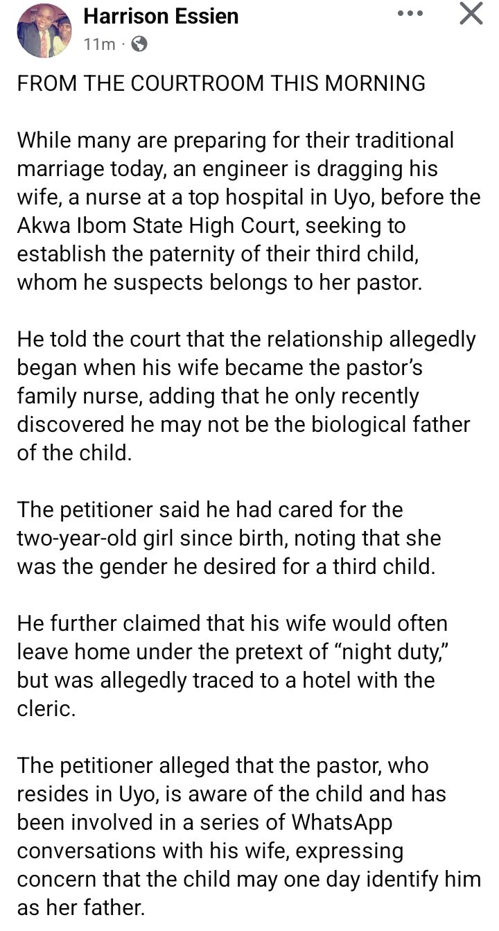 Nigerian man drags his wife to court over paternity of their daughter, claims the child belongs to her pastor
