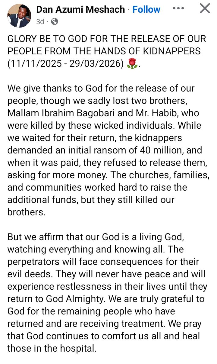 Bandits release 11 kidnapped Kaduna villagers, k!ll two after over N40m ransom payment and four months in captivity