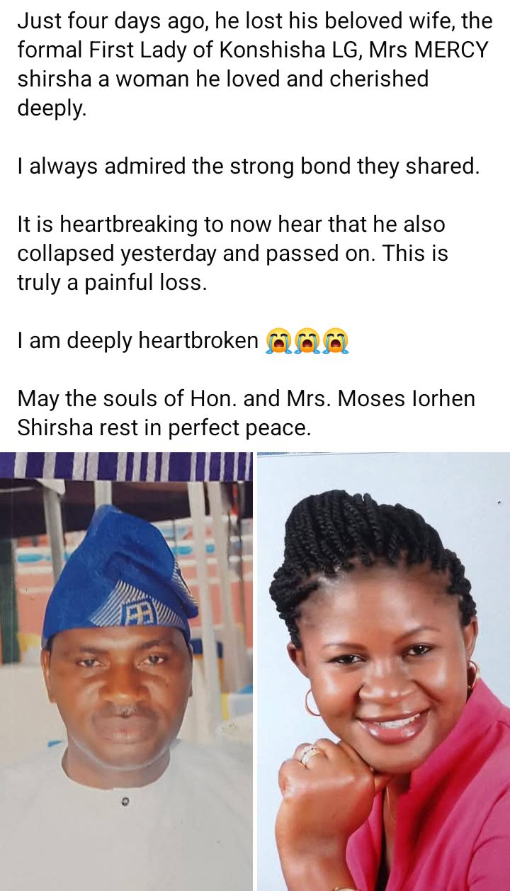 Former Benue LG chairman slumps and d!es four days after d3ath of his wife