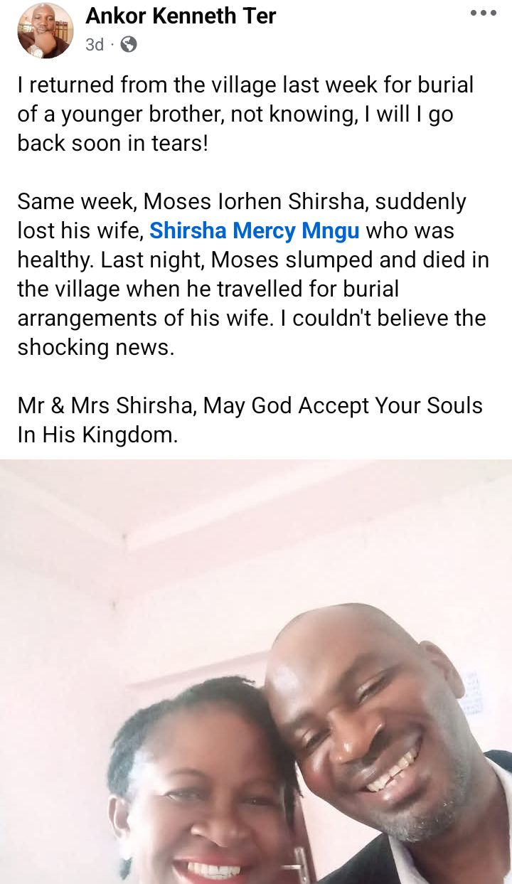 Former Benue LG chairman slumps and d!es four days after d3ath of his wife