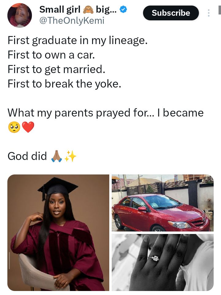 Nigerian lady celebrates as she becomes first graduate in her lineage, first to own a car and get married