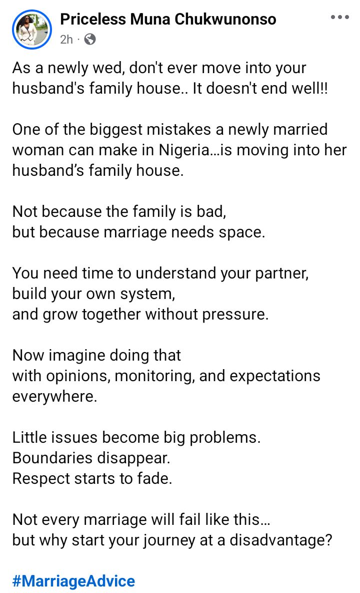 One of the biggest mistakes a newly married woman can make in Nigeria is moving into her husband?s family house - Lady says
