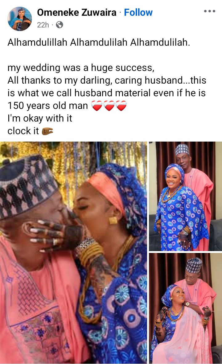 Even if he is 150 years old, I'm okay with it - Newly married woman fires back at people saying her husband won't satisfy her in bed