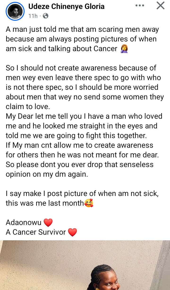 Nigerian lady who survived br3ast cancer addresses man that told her she is 