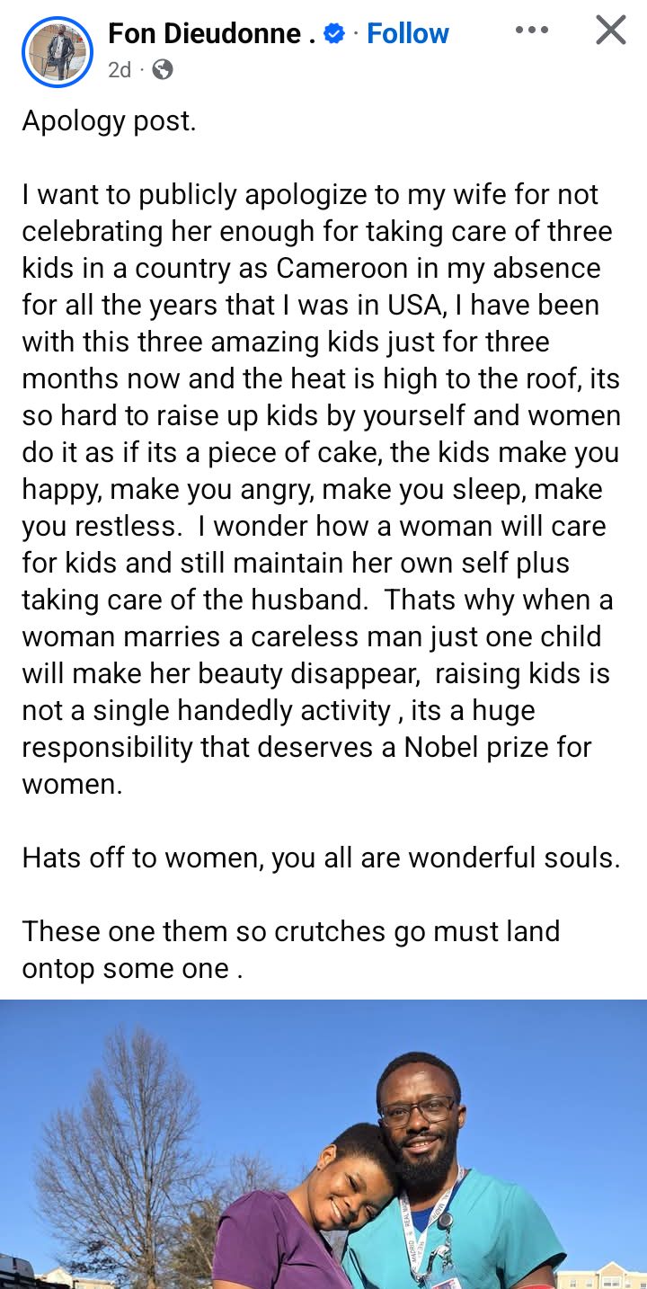 Man tenders public apology to wife for not celebrating her enough for taking care of their children in his absence