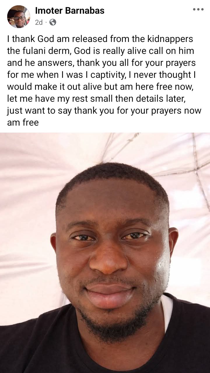I never thought I would make it out alive - Abducted Benue man writes after regaining freedom
