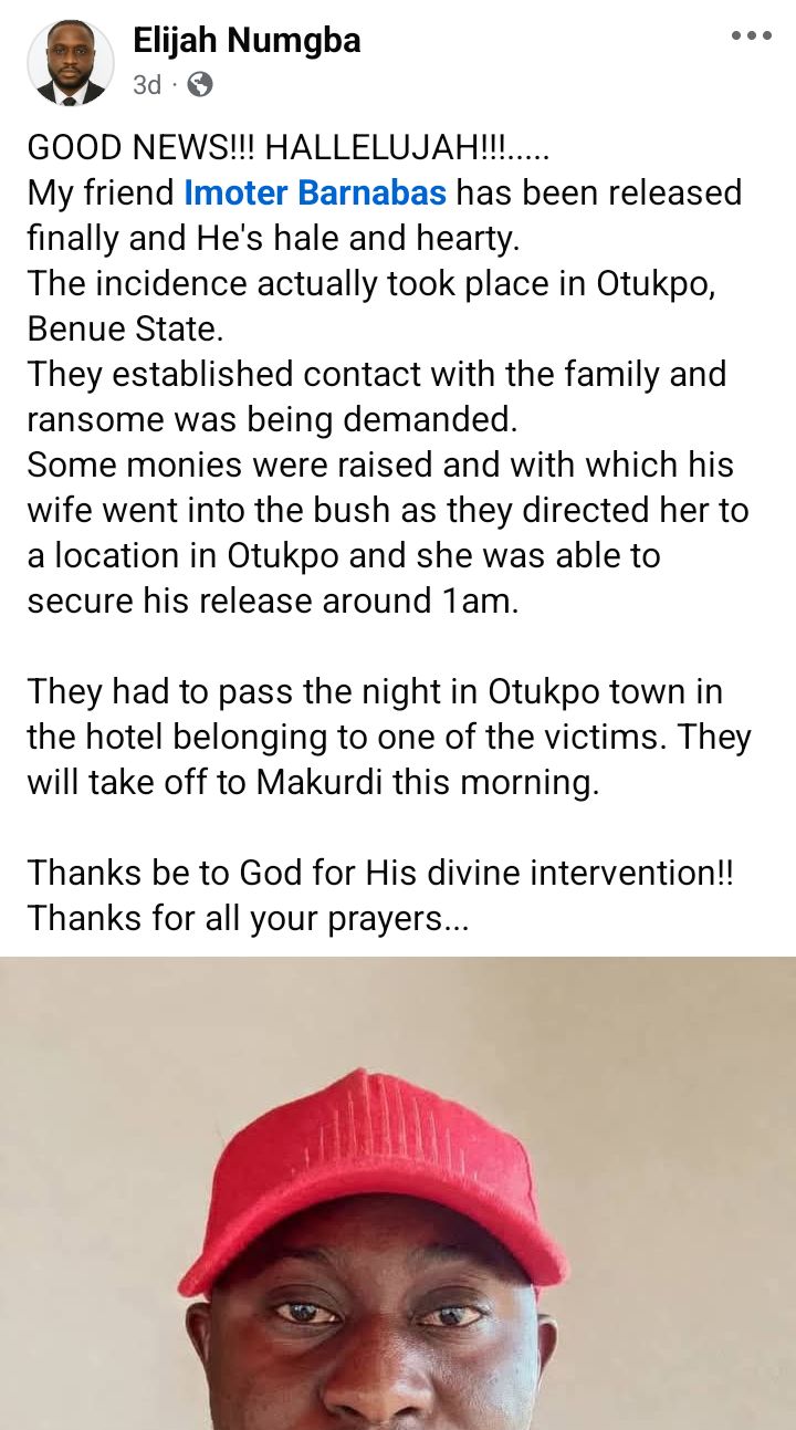 I never thought I would make it out alive - Abducted Benue man writes after regaining freedom