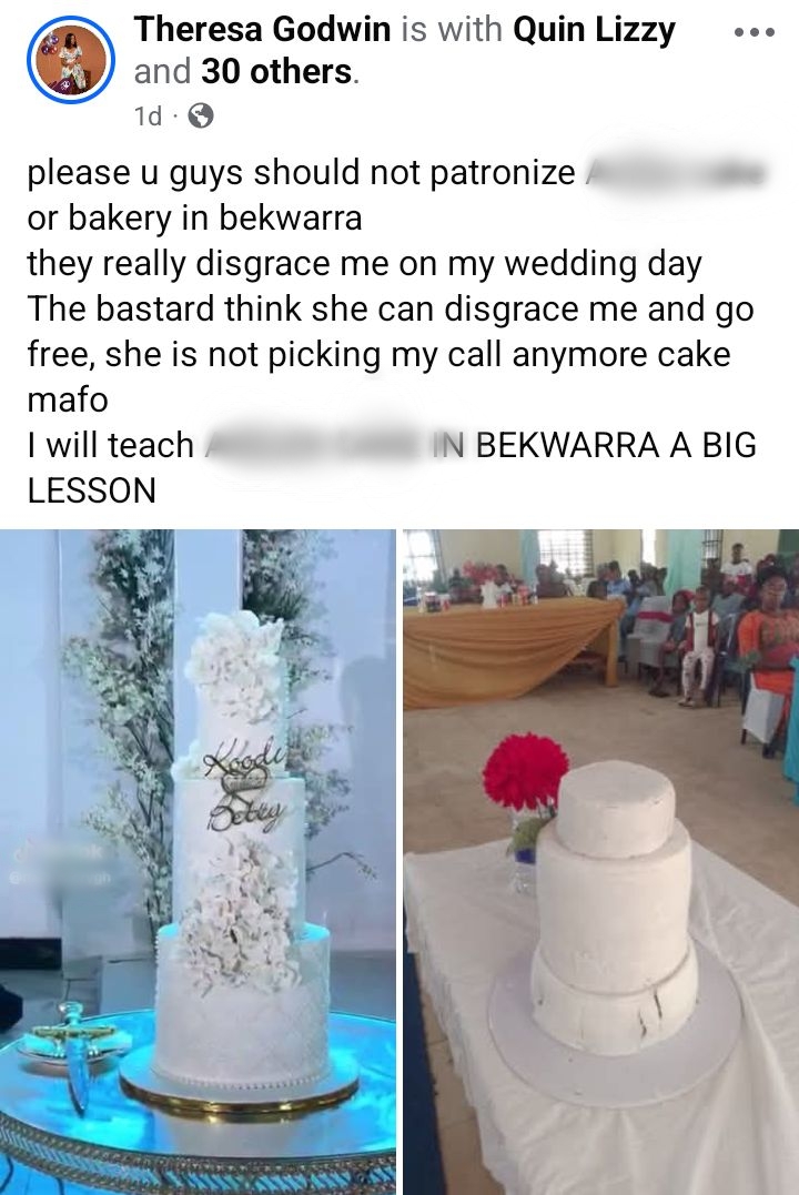 "They disgraced me" - Nigerian bride shares wedding cake she received that looked nothing like her order