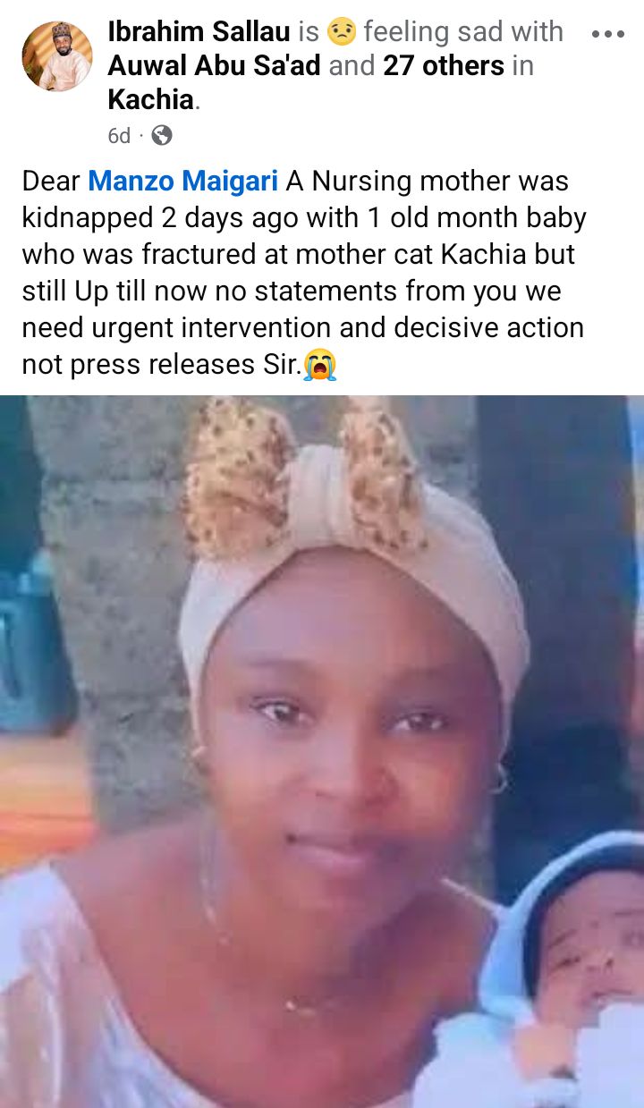 Kaduna: Abducted One-month-old baby dies in captivity; kidnappers demand N7m to release mother and c0rpse
