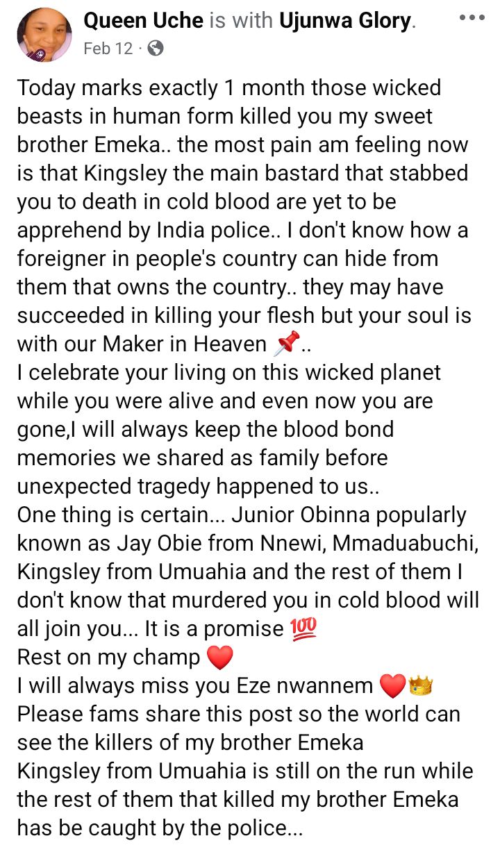 Fight and hunt your k!llers - Grief-stricken family of Nigerian man allegedly m8rdered by his friends in India urges him to avenge his d3ath (video)