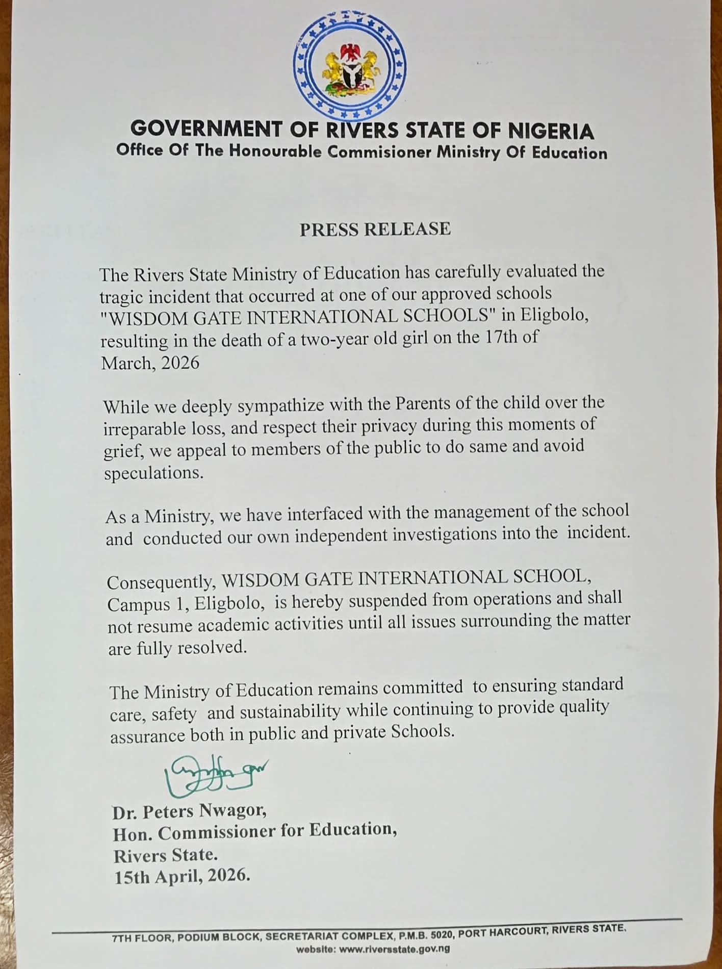 Rivers Govt shuts school over toddler?s d3ath