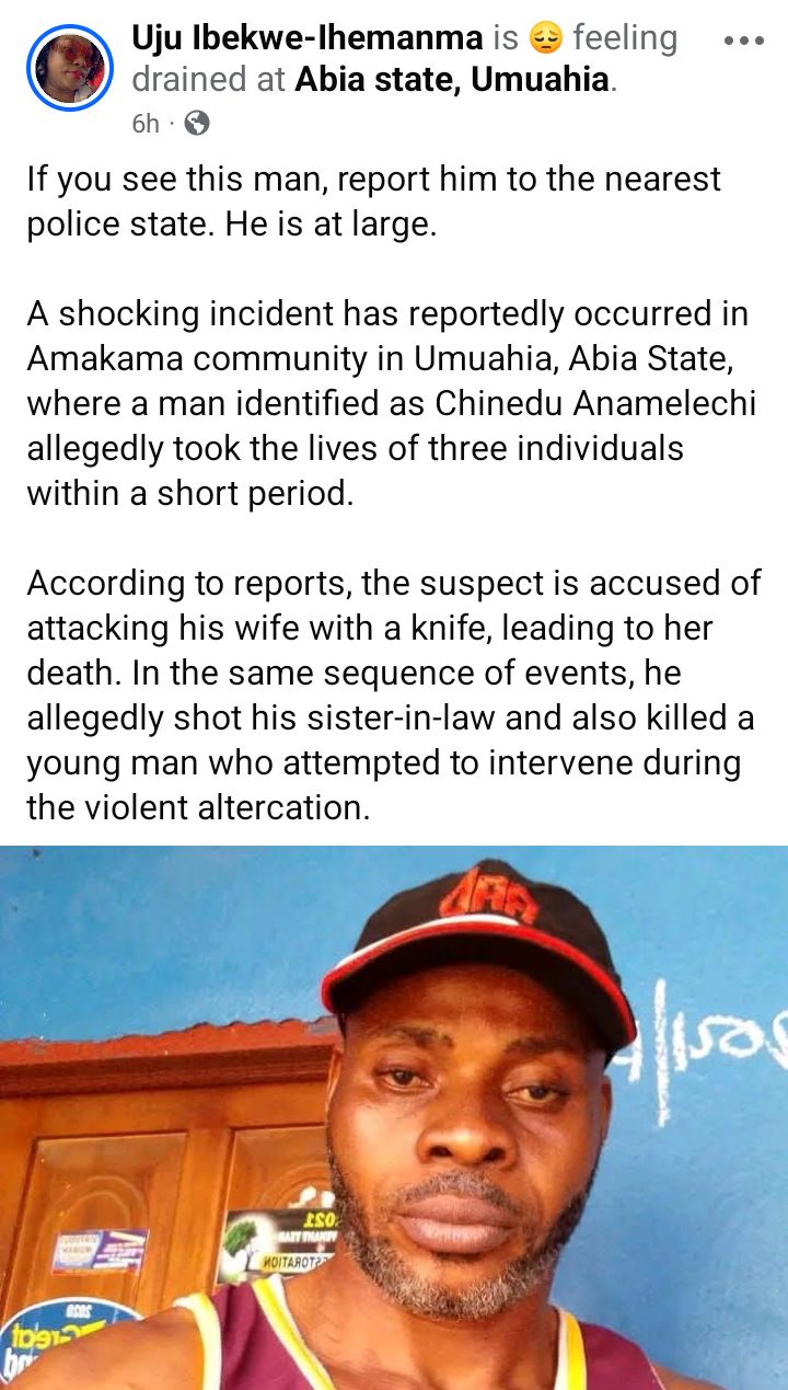 Man st@bs his girlfriend, k!lls her sister and shoots young man in Abia community