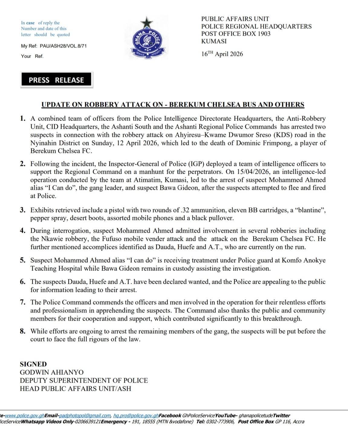 Ghana police arrest gang leader and another over robbery attack on Berekum Chelsea team bus that led to d3ath of footballer