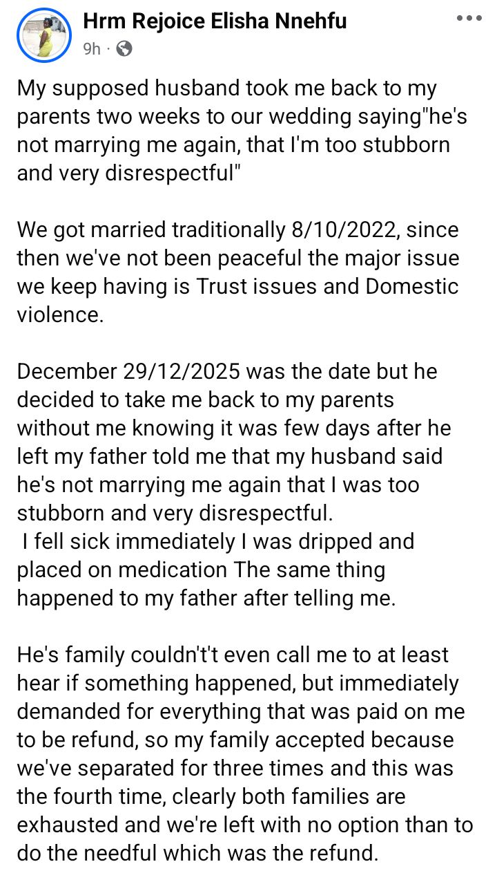 He broke up with me two weeks to our church wedding - Nigerian woman narrates as her estranged husband begs for reconciliation