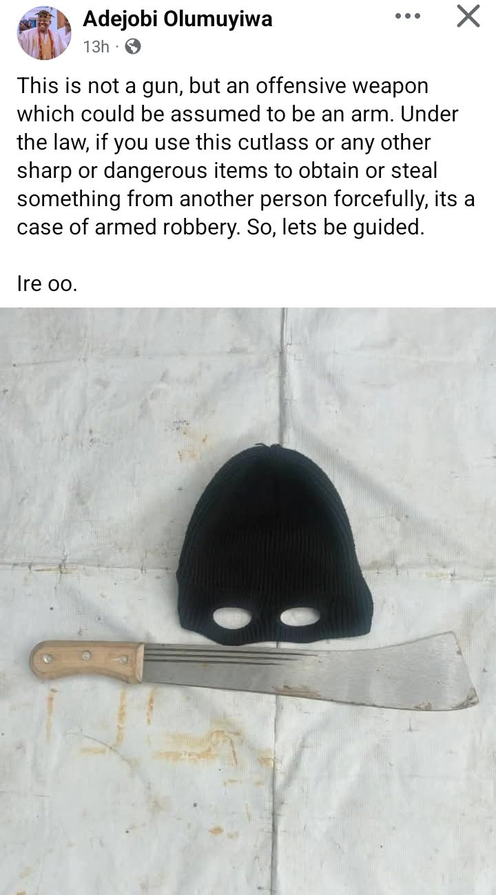 Under the law, using cutlass to steal is armed robbery - DCP Olumuyiwa Adejobi warns