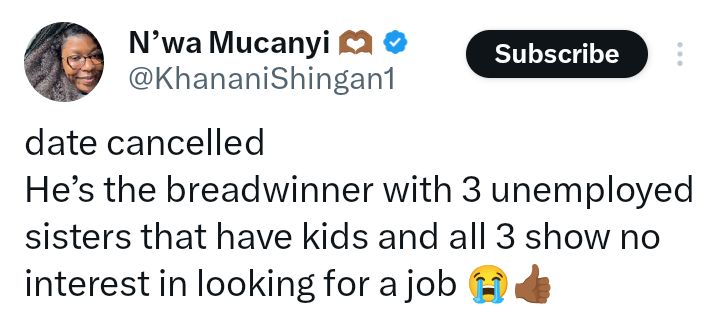 Lady cancels date after finding out the man is a breadwinner with 3 unemployed sisters