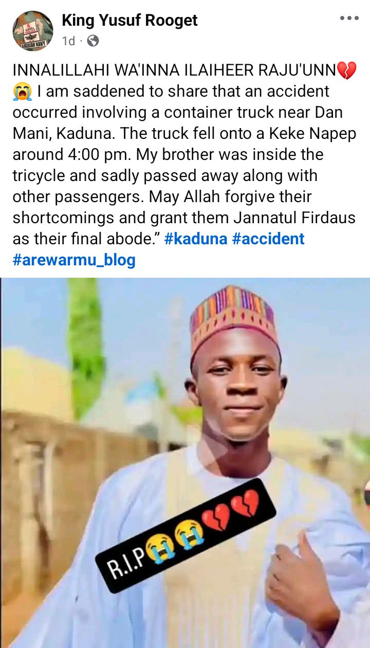 Rider and three passengers k!lled as container crushes commercial tricycle in Kaduna