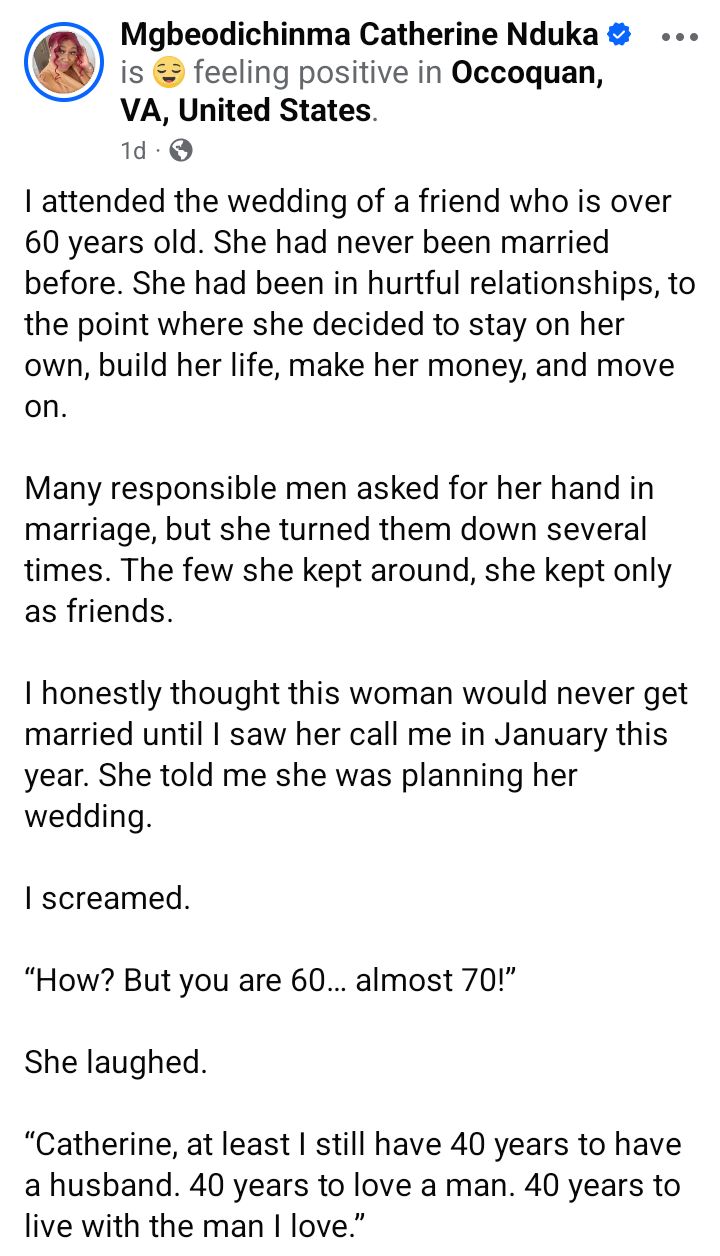 Nothing is too late - US-based Nigerian woman writes as her friend gets married for the first time at over 60