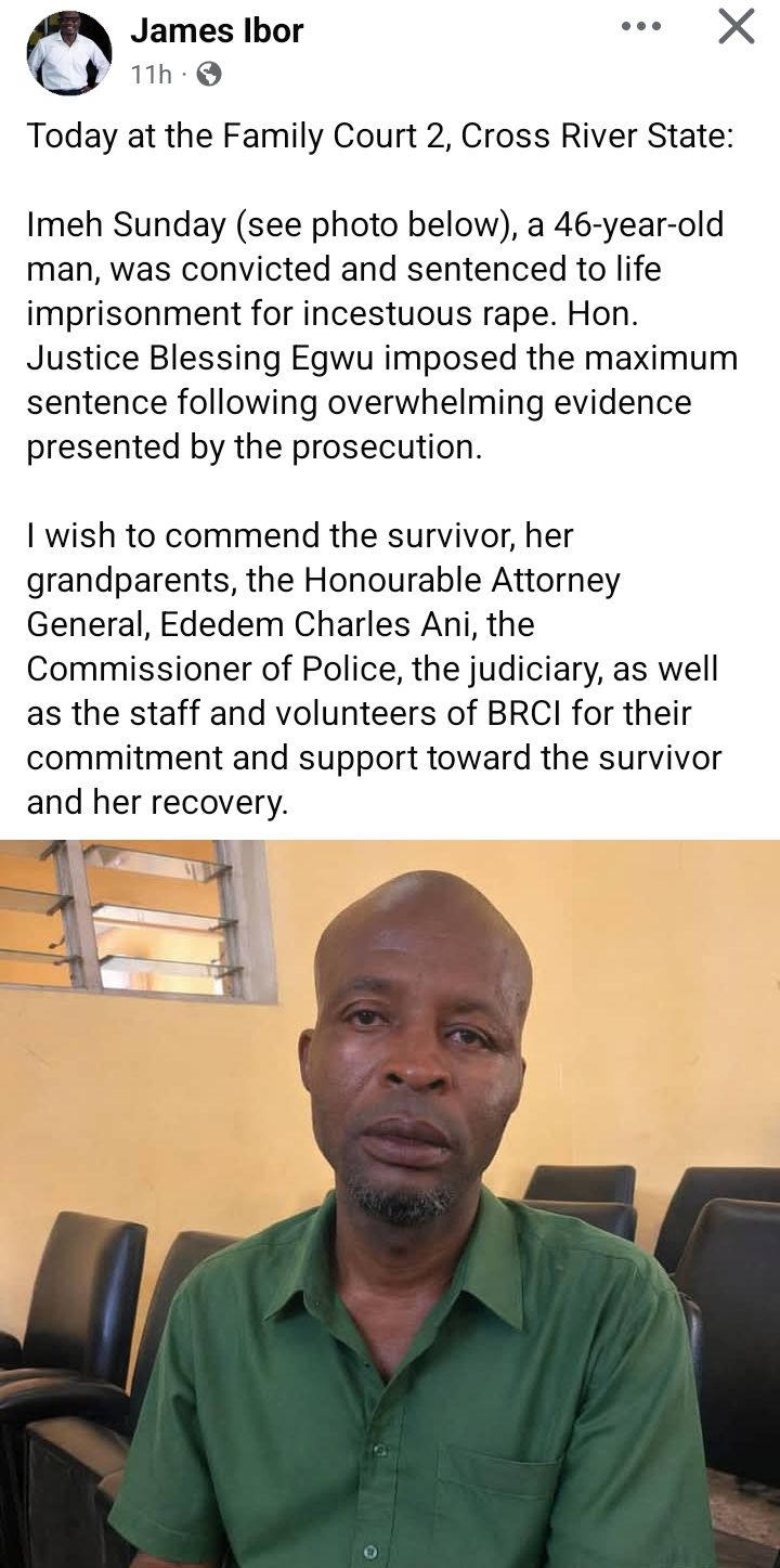 46-year-old man sentenced to life imprisonment for r@ping his daughter in Calabar