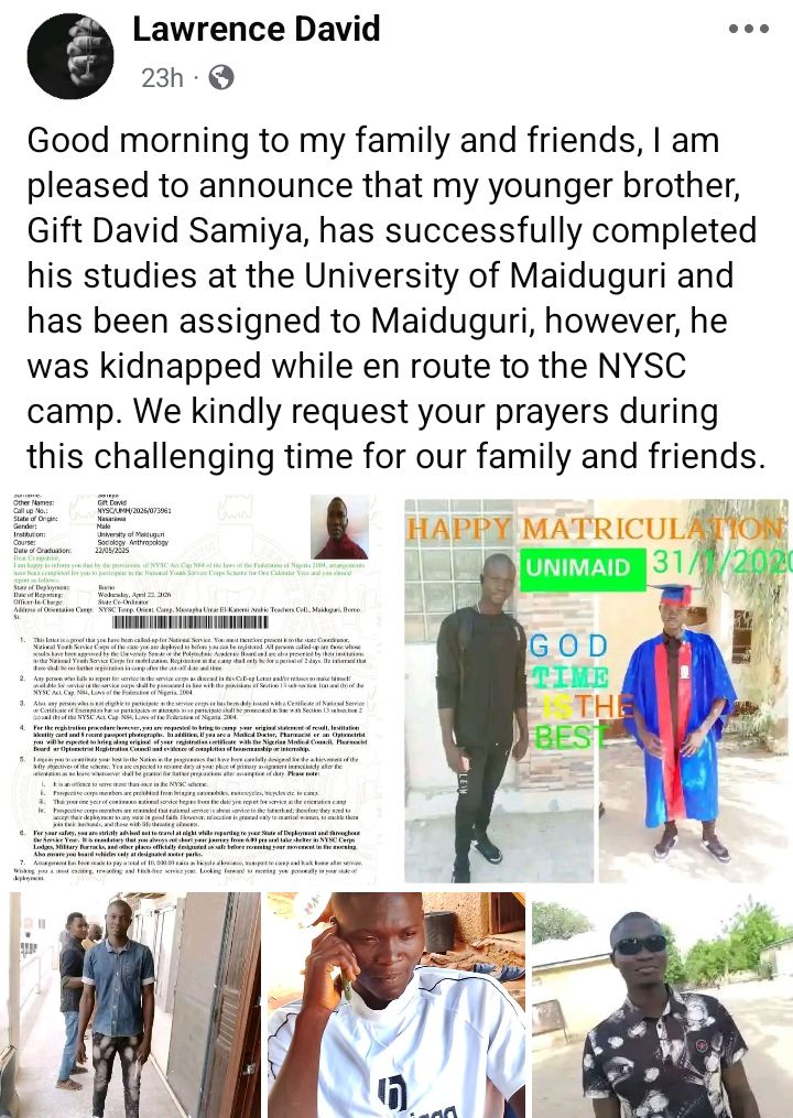 Gunmen kidnap prospective Corps member on his way to orientation camp, demand N10m ransom