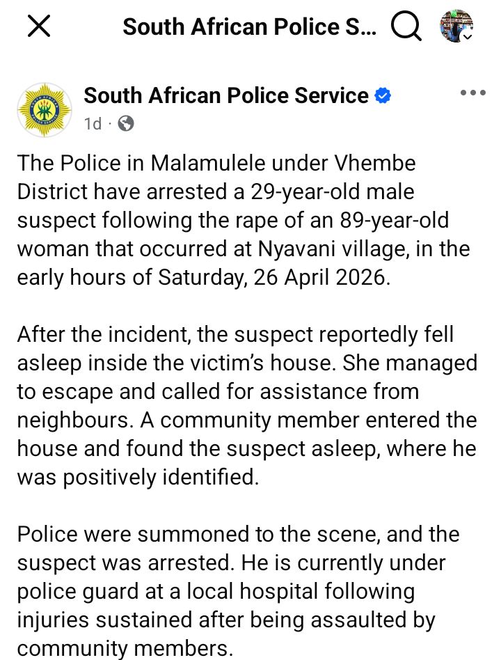 Man falls asleep after r@ping 89-year-old woman in South Africa