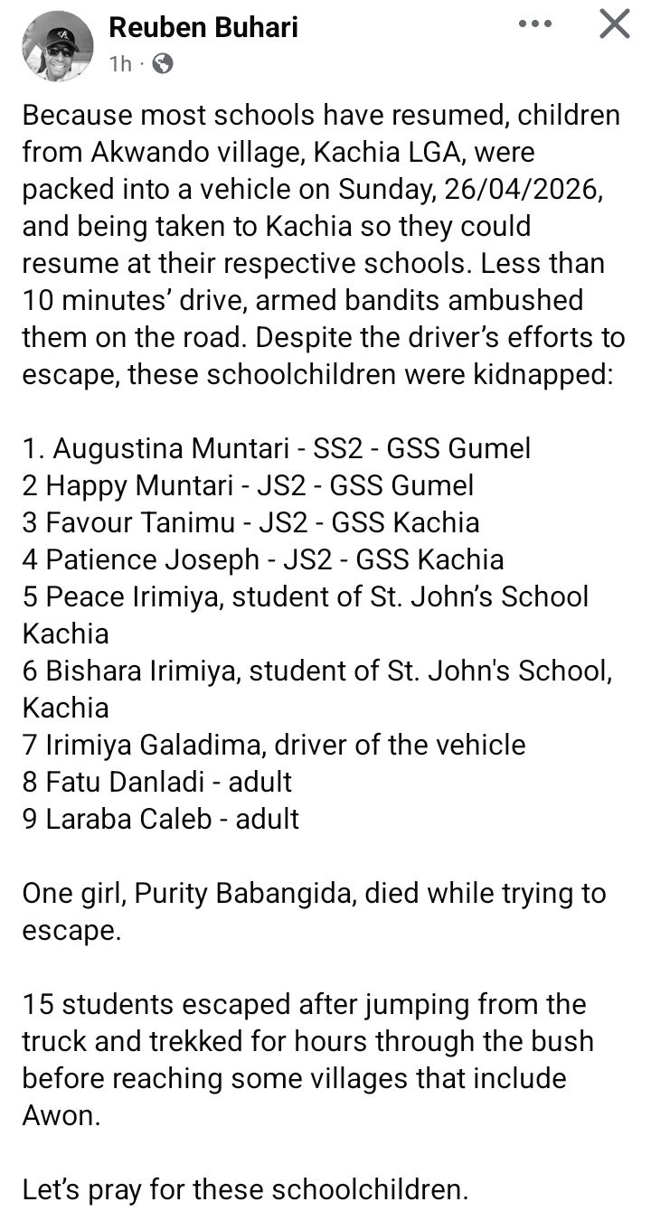 Young girl d!es as bandits attack vehicle, abduct 6 schoolchildren and three others in Kaduna