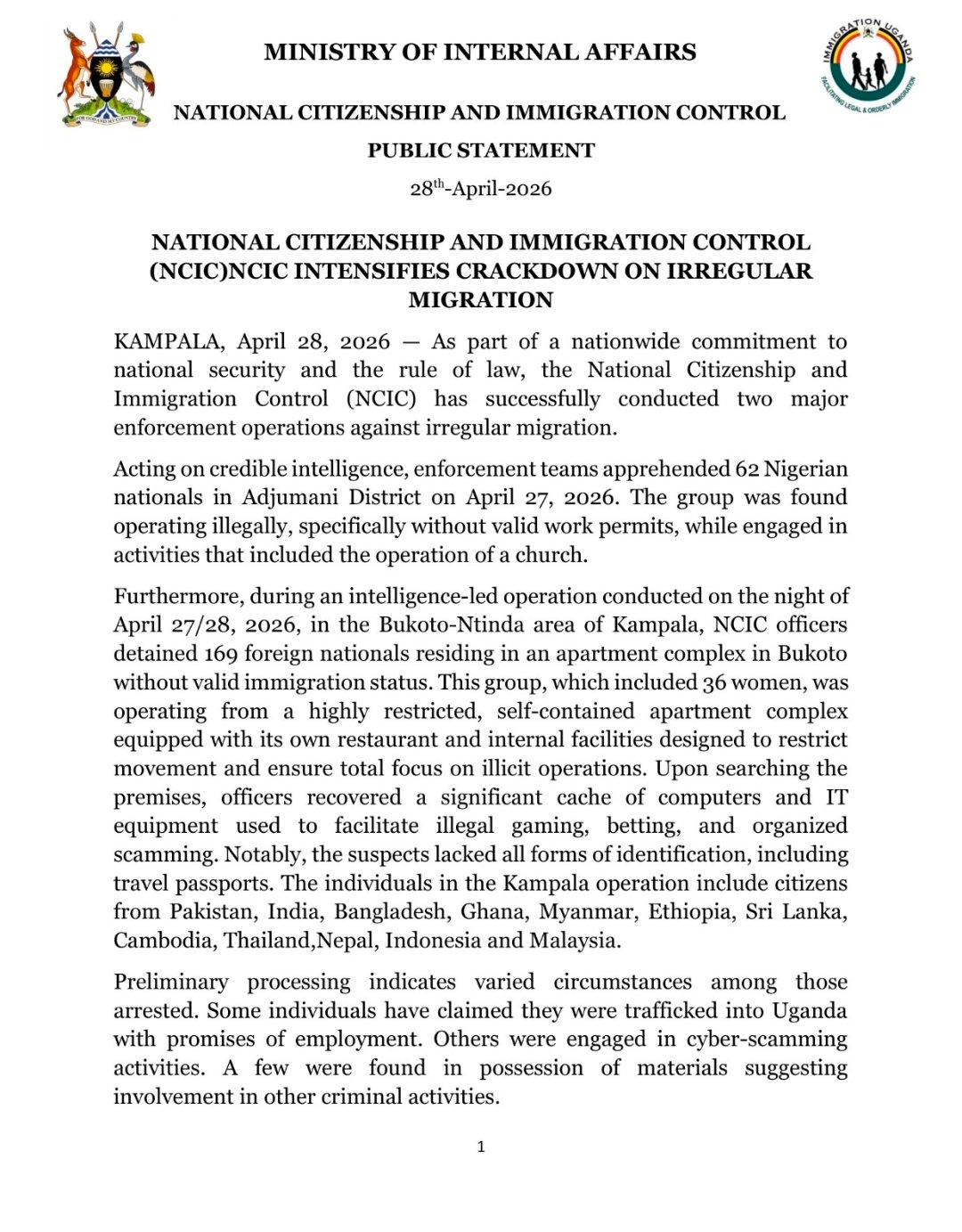 62 Nigerian nationals, 169 other foreigners arrested as Uganda intensifies crackdown on irregular migration