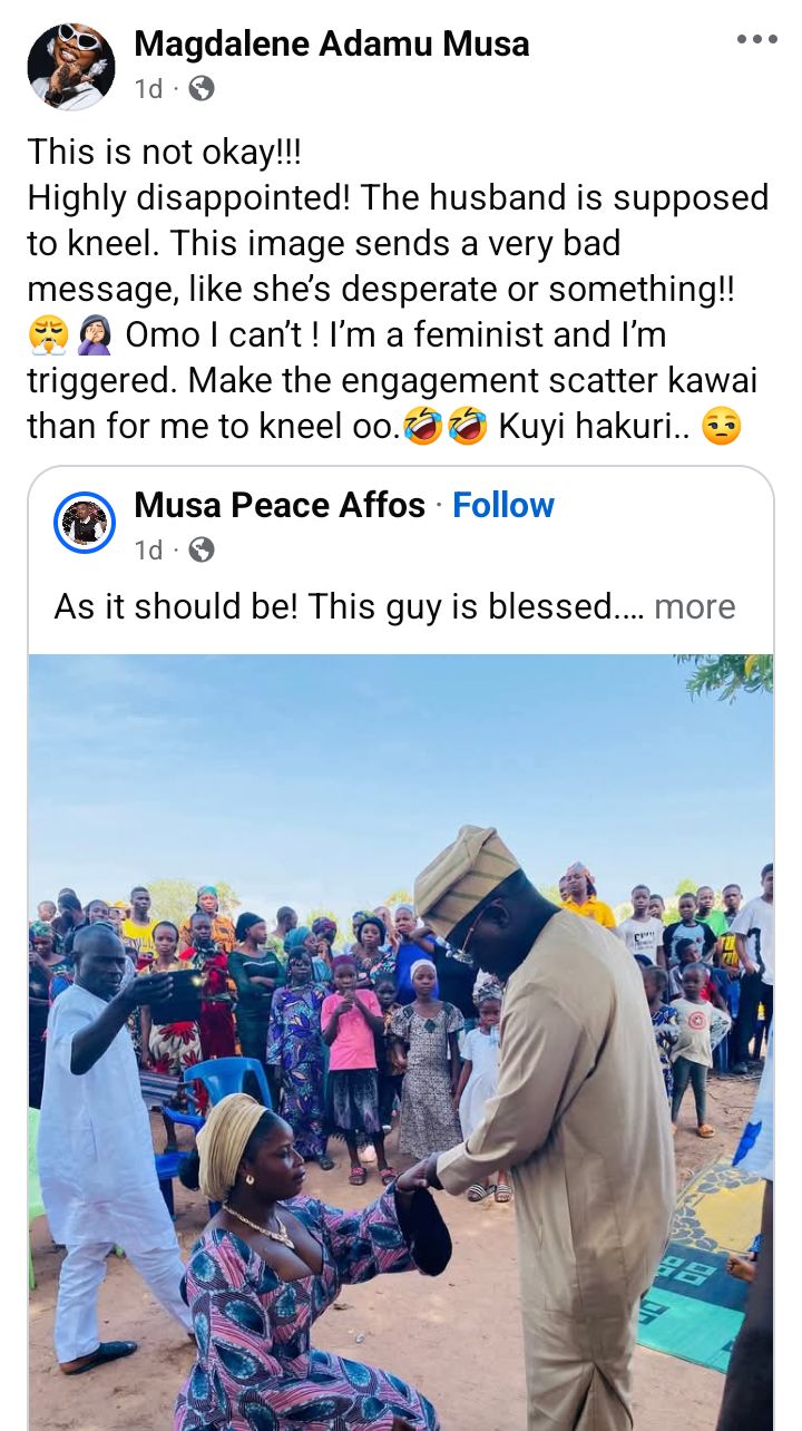 As a feminist, I?m highly disappointed - Gender activist criticises Nigerian woman for kneeling to accept engagement ring from her man