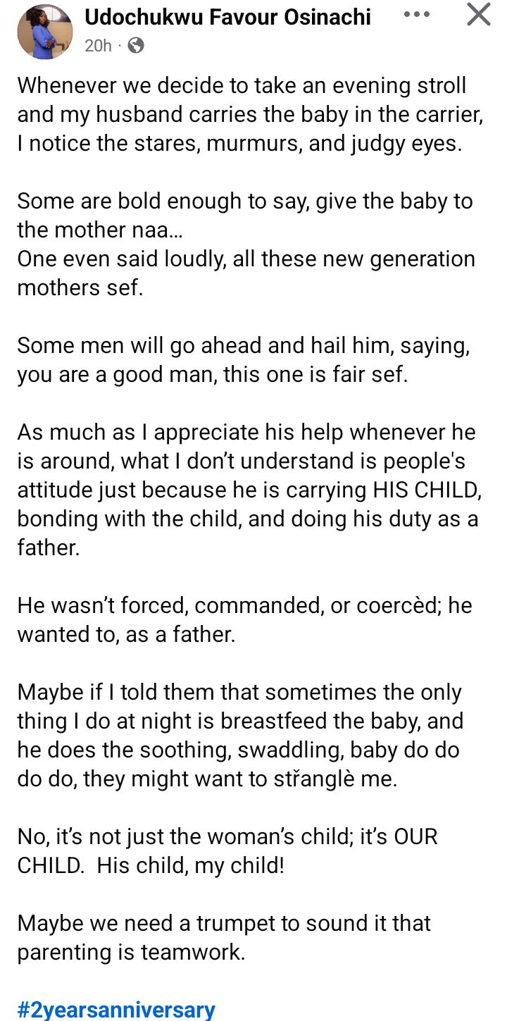 I notice "stares, murmurs, and judgy eyes? whenever my husband carries our baby in a carrier - Nigerian woman writes