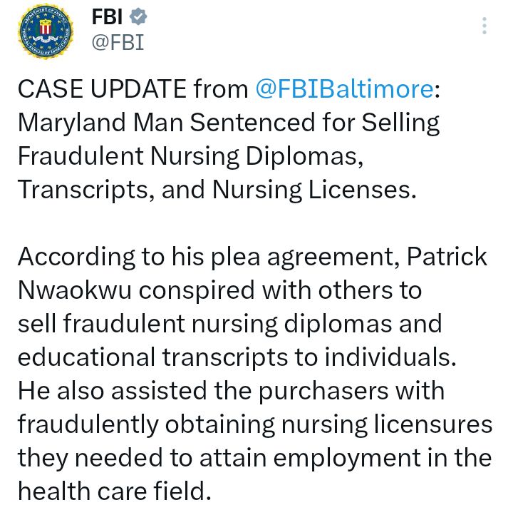 Nigerian man sentenced to 21 months imprisonment in US for selling fraudulent nursing diplomas, licences and transcripts