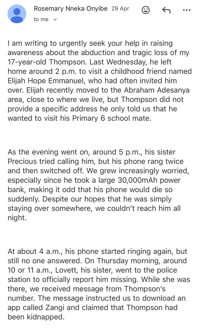 They k!lled him and dumped the body in canal before demanding N150m ransom - Family recounts how 17-year-old son was m8rdered by a former school mate and his friends in Lagos