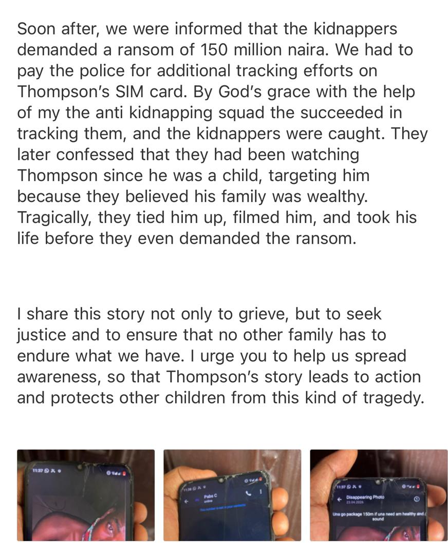 They k!lled him and dumped the body in canal before demanding N150m ransom - Family recounts how 17-year-old son was m8rdered by a former school mate and his friends in Lagos