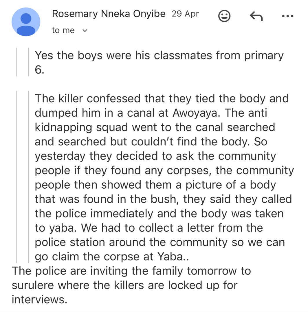 They k!lled him and dumped the body in canal before demanding N150m ransom - Family recounts how 17-year-old son was m8rdered by a former school mate and his friends in Lagos