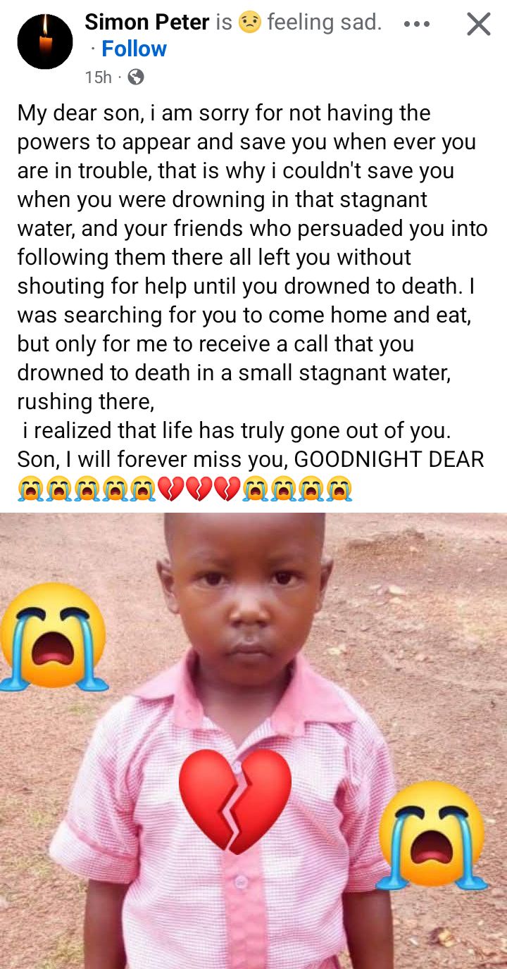 Your friends persuaded you into following them and left without shouting for help - Nigerian father mourns son who drowned in stagnant water