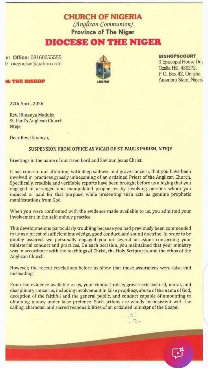 Anglican Church suspends Anambra priest for performing fake miracles and delivering false prophecies