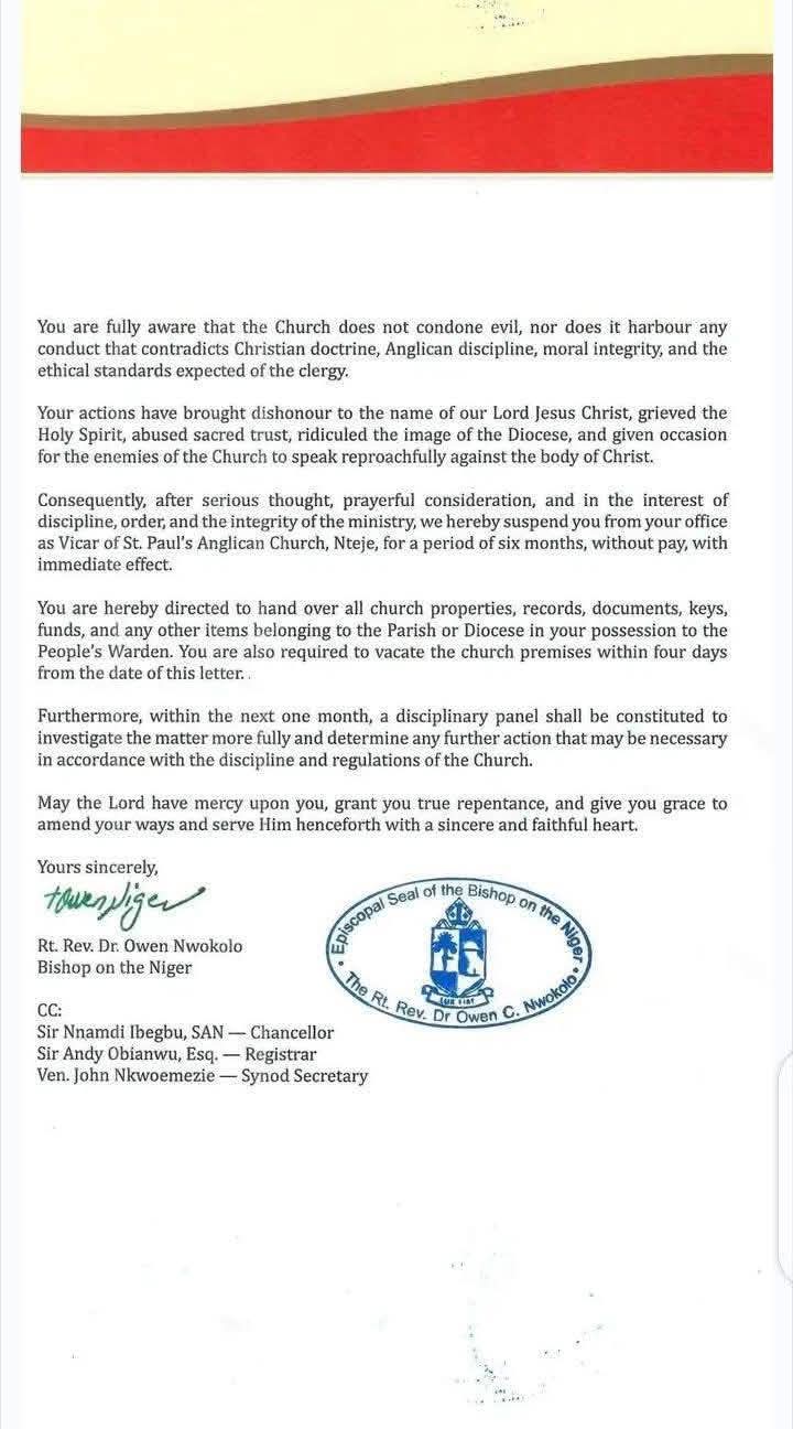 Anglican Church suspends Anambra priest for performing fake miracles and delivering false prophecies