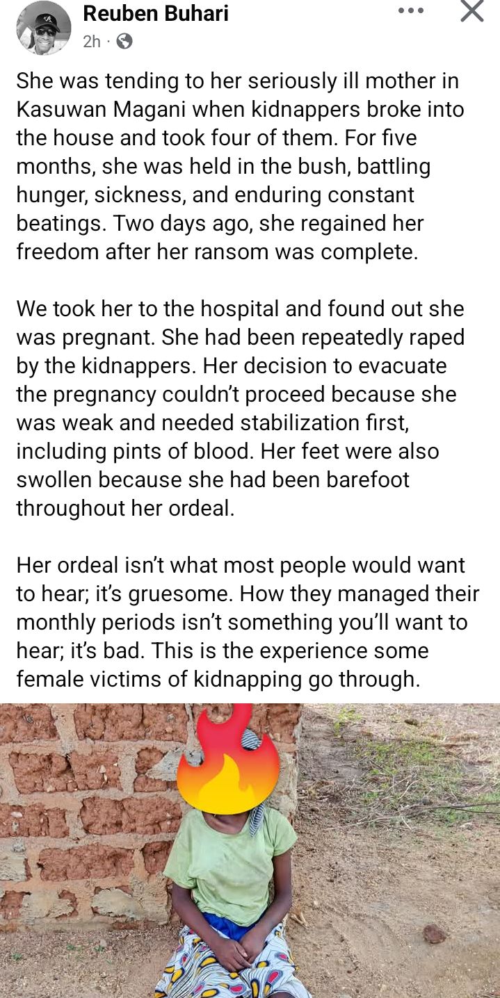 Abducted Kaduna woman returns with pregnancy after being repeatedly r@ped and beaten by bandits during her five-month captivity