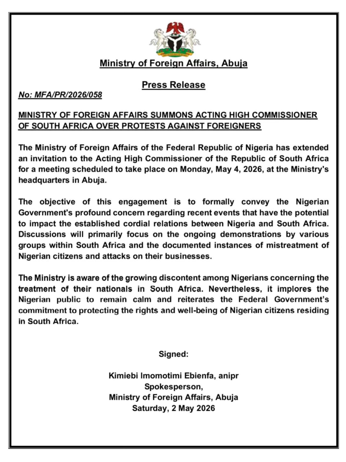 Xenophobic attack: FG summons South Africa?s High Commissioner