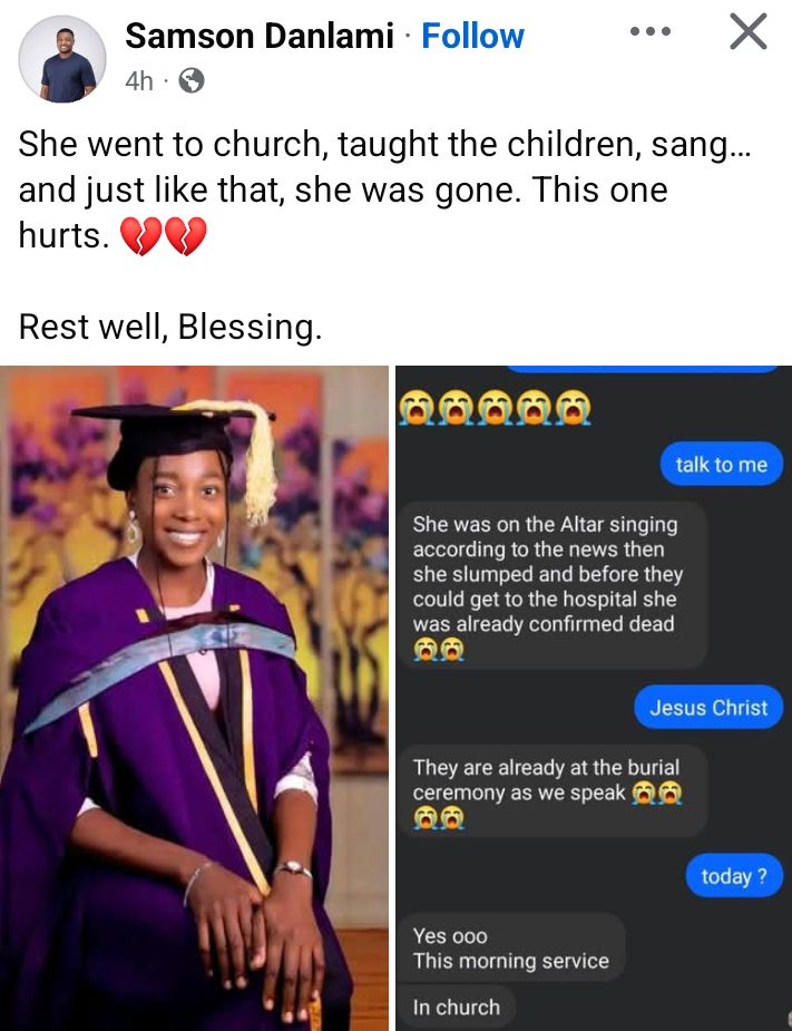 Young reportedly woman slumps and d!es while singing on altar in Minna church