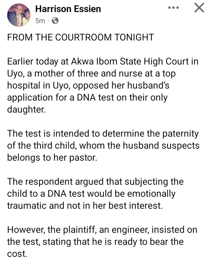 Update: Nigerian woman opposes her husband?s application for DNA test on their daughter he suspects belongs to her pastor