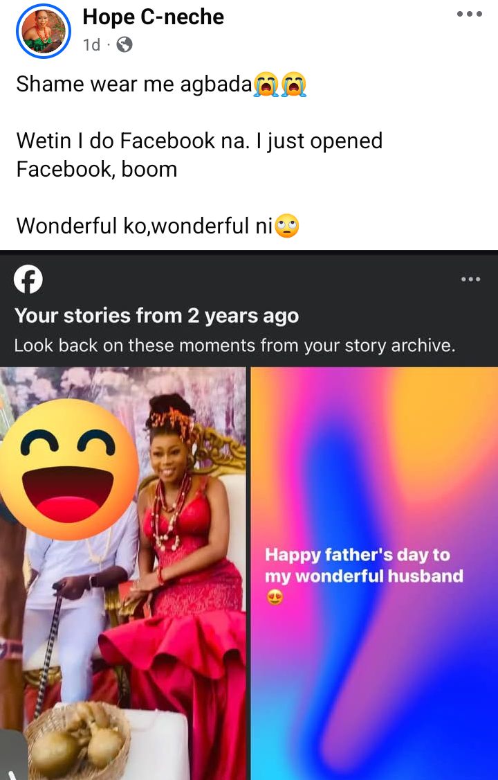 So I should d!e inside marriage because of preek and food? - Nigerian woman says as she slams Facebook for bringing up memories from her wedding with estranged husband