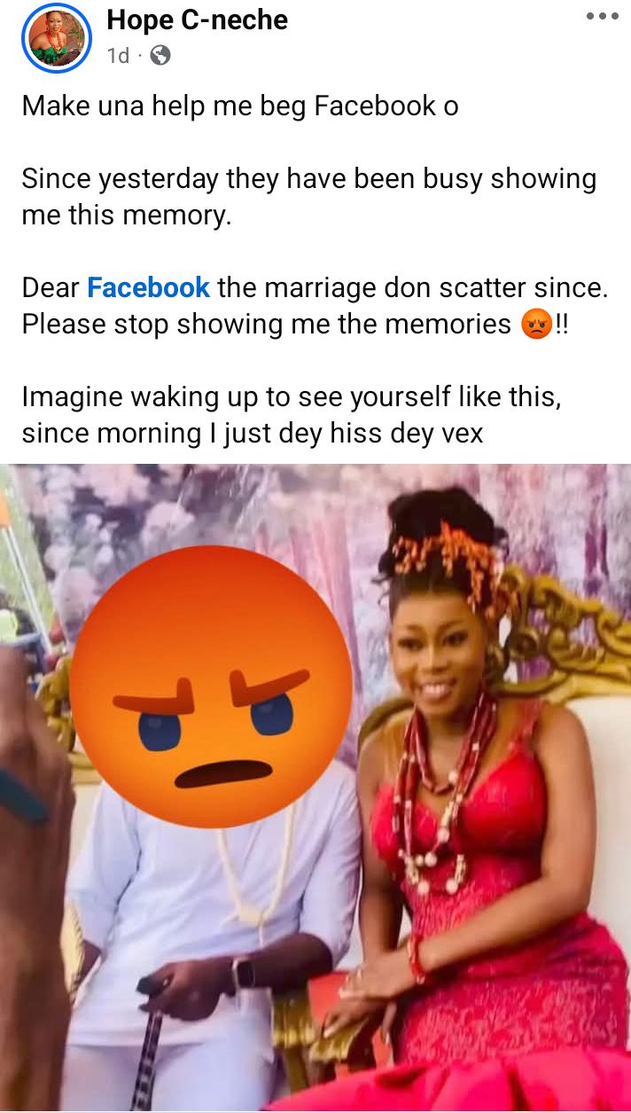 So I should d!e inside marriage because of preek and food? - Nigerian woman says as she slams Facebook for bringing up memories from her wedding with estranged husband